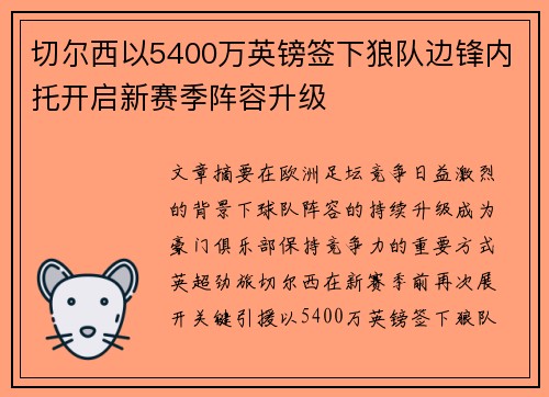 切尔西以5400万英镑签下狼队边锋内托开启新赛季阵容升级